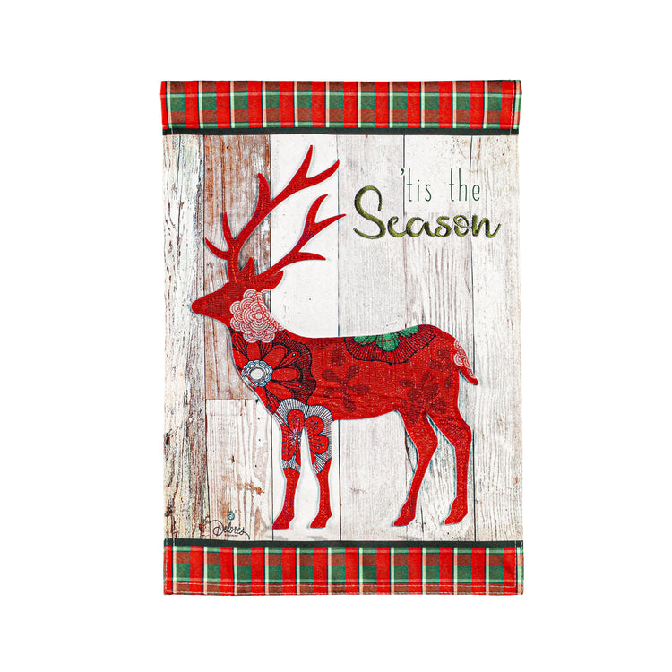 Tis the Season Reindeer Garden Flag; Linen Textured Polyester 12.5"x18"