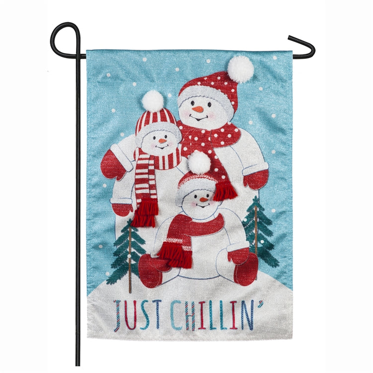"Just Chillin Snow Family" Applique Seasonal Garden Flag; Linen Textured Polyester