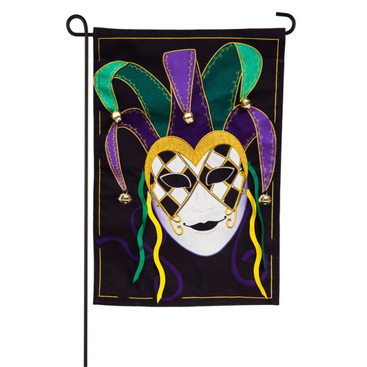 Mardi Gras Jester Mask Garden Flag; Polyester-Linen Blend 12.5"x18"