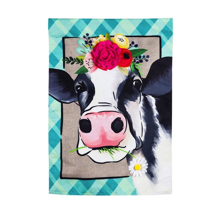 Floral Cow Garden Flag; Linen Textured Polyester 12.5"x18"