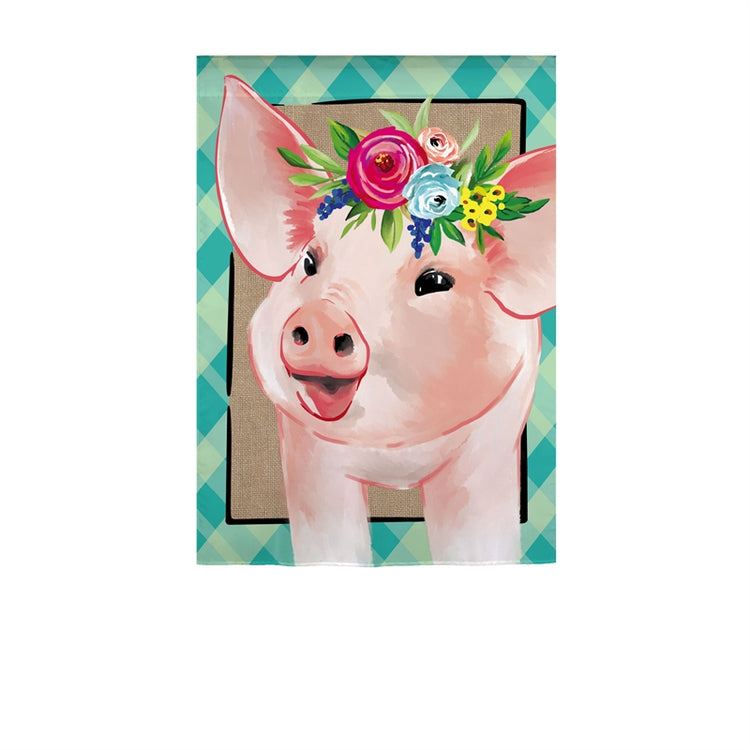 Floral Crowned Pig Garden Flag; Linen Textured Polyester 12.5"x18"