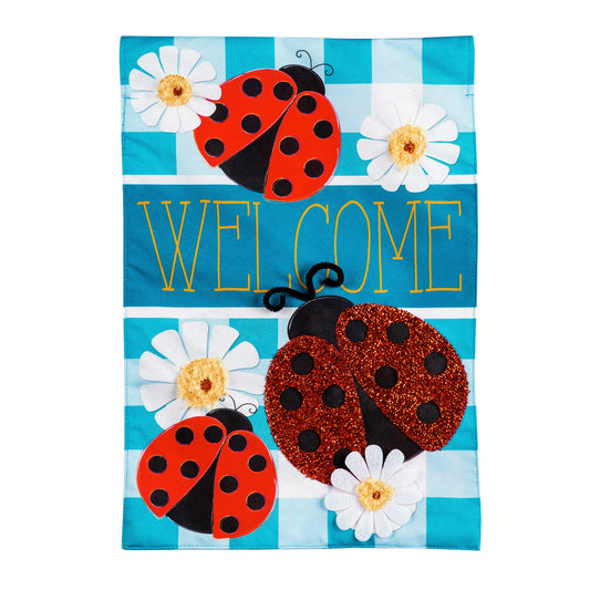 Ladybug Plaid Welcome Garden Flag