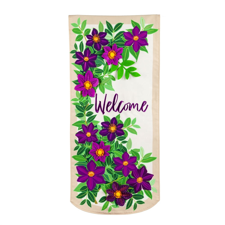 Clematis Welcome Printed Everlasting Impressions Garden Flag; Polyester-Linen Blend 12.5"x28"