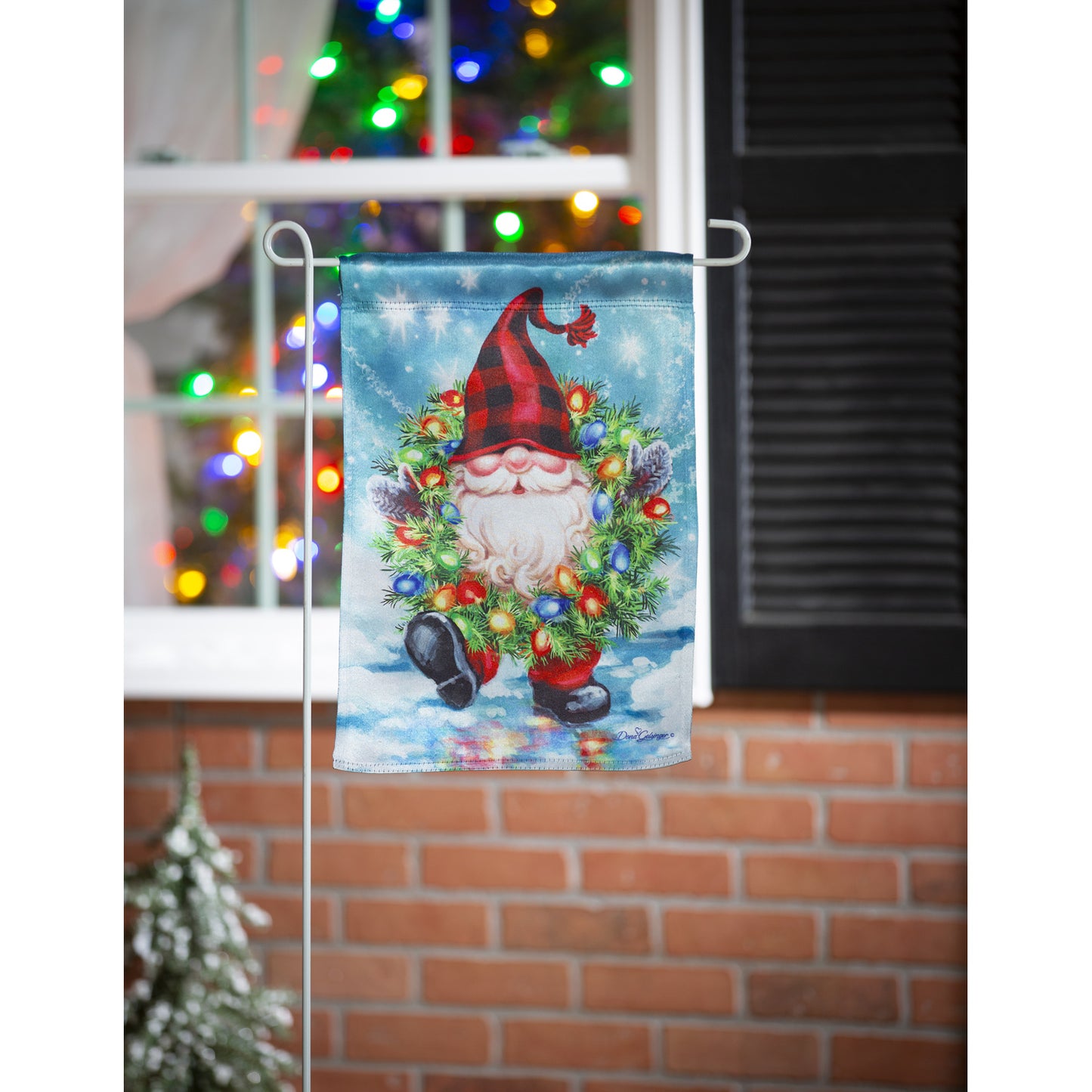 Gnome with a Christmas Wreath Lustre Garden Flag; Linen Textured Polyester 12.5"x18"
