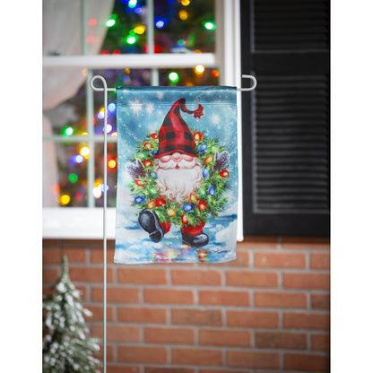 Gnome with a Christmas Wreath Lustre Garden Flag; Linen Textured Polyester 12.5"x18"