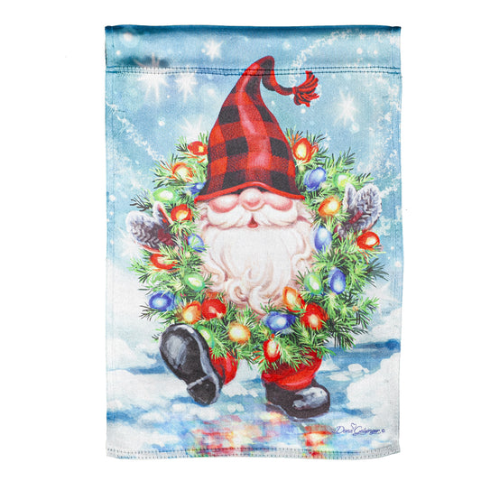 Gnome with a Christmas Wreath Lustre Garden Flag; Linen Textured Polyester 12.5"x18"