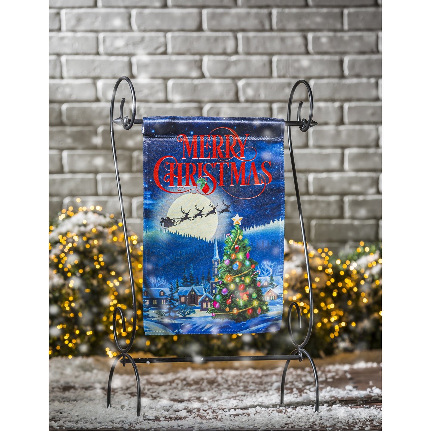 Santa's Sleigh on Christmas Lustre Garden Flag; Linen Textured Polyester 12.5"x18"