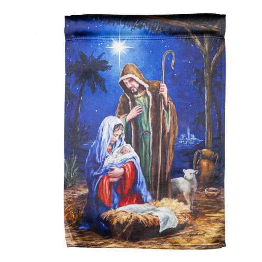 Holy Night Nativity Lustre Garden Flag; Linen Textured Polyester 12.5"x18"