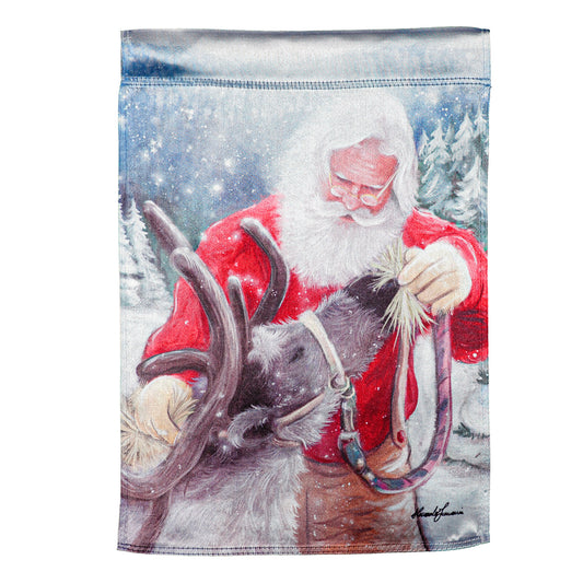 Santa and His Reindeer Lustre Garden Flag; Linen Textured Polyester 12.5"x18"