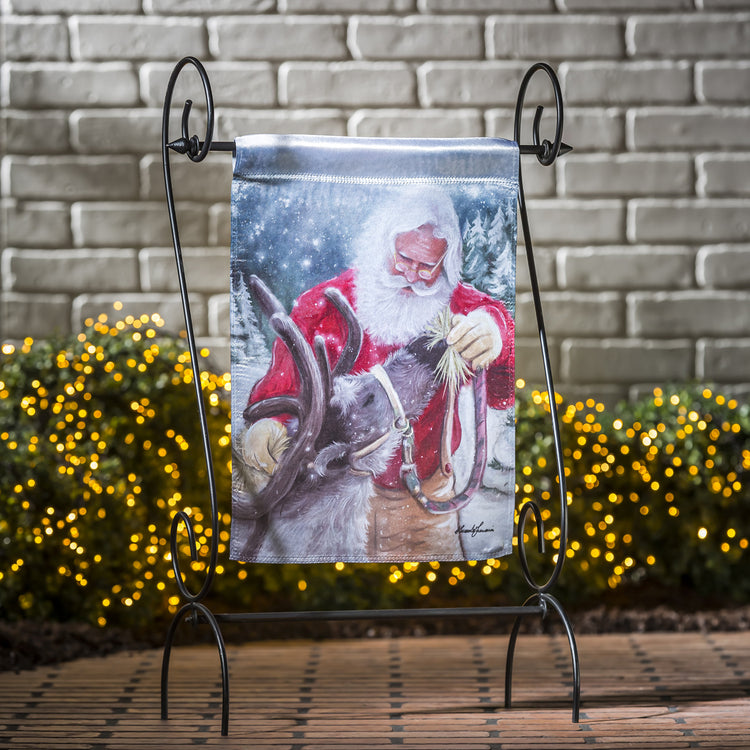 Santa and His Reindeer Lustre Garden Flag; Linen Textured Polyester 12.5"x18"