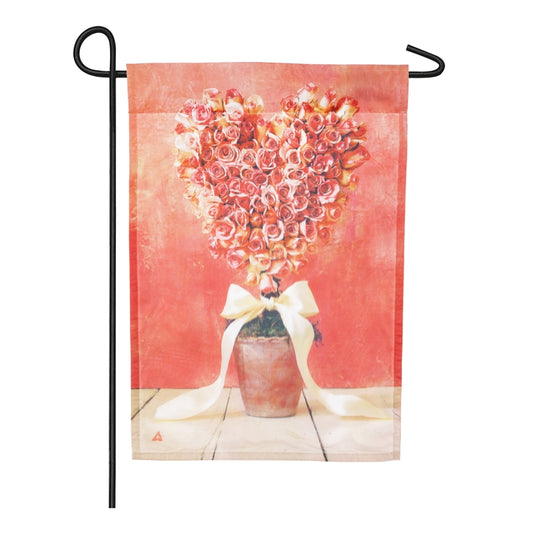 Heart Rose Topiary Printed Seasonal Garden Flag; Organza