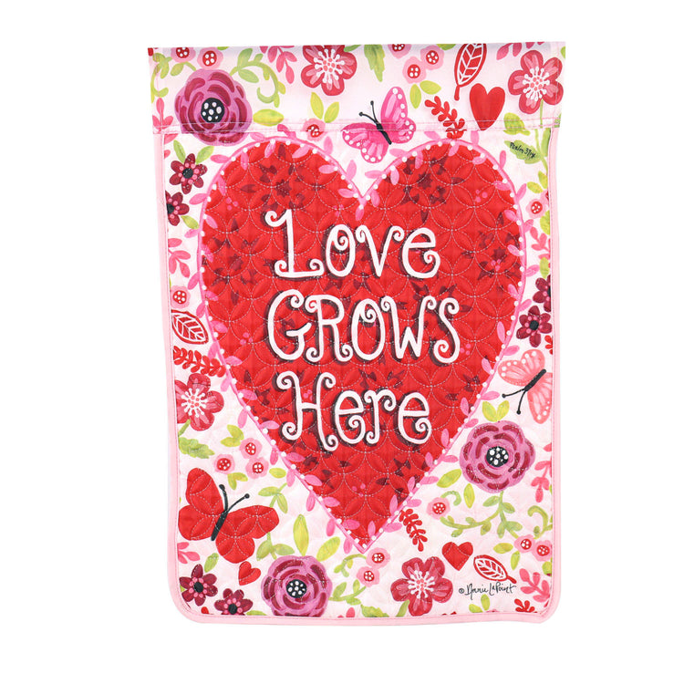 Love Grows Here Heart Garden Flag; Quilted Polyester 12.5"x18"