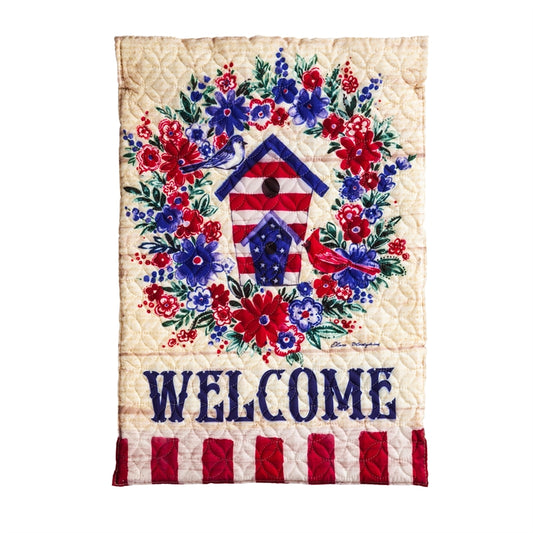 Patriotic Birdhouse Wreath Garden Flag; Quilted Polyester 12.5"x18"