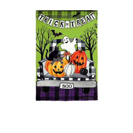 Trick-or-Treat Truck Printed Suede Garden Flag; Polyester 12.5"x18"
