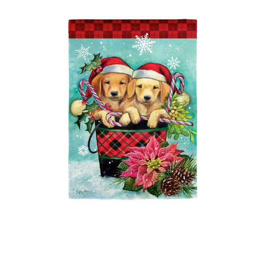 Christmas Puppy Bucket Printed Suede Garden Flag; Polyester 12.5"x18"