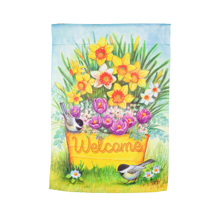 Yellow Bucket Welcome Printed Suede Garden Flag; Polyester 12.5"x18"