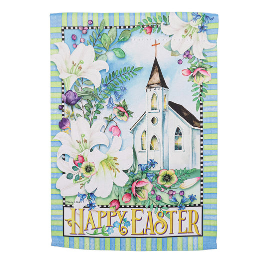 Easter Church with Flowers Printed Suede Garden Flag; Polyester 12.5"x18"