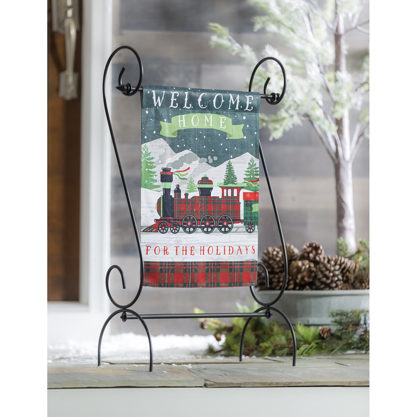 Home for the Holidays Train Printed Suede Garden Flag; Polyester 12.5"x18"