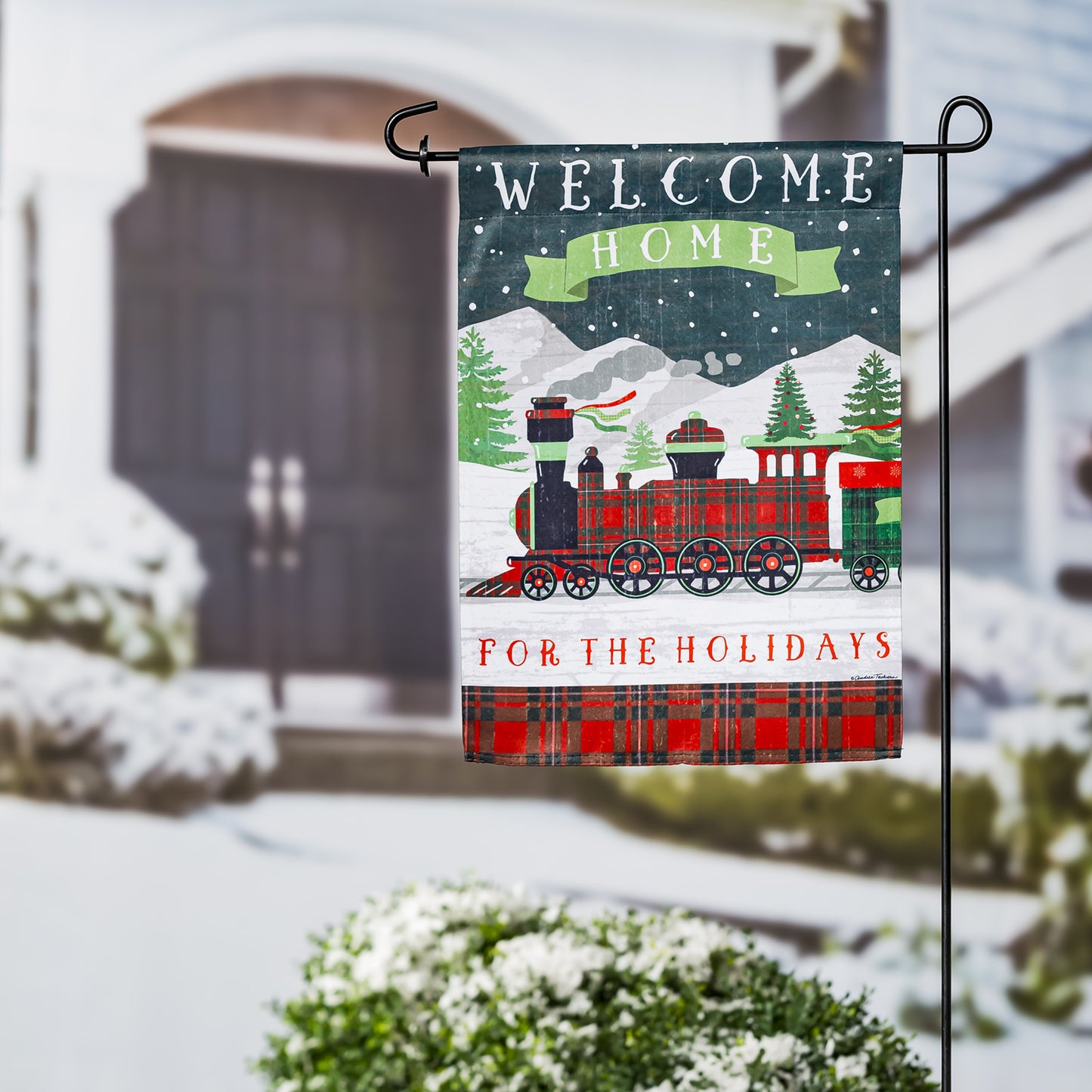 Home for the Holidays Train Printed Suede Garden Flag; Polyester 12.5"x18"
