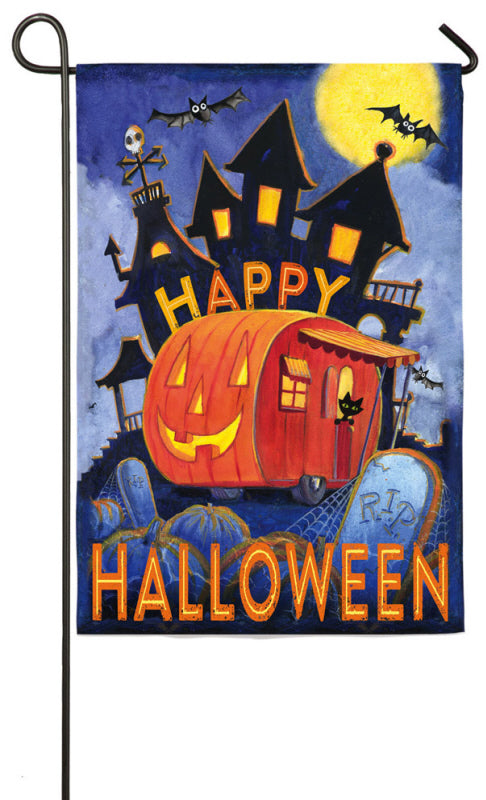 Happy Halloween Pumpkin Trailer Printed Suede Seasonal Garden Flag; Polyester