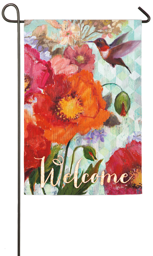 Hummingbird & Poppies Welcome Garden Flag