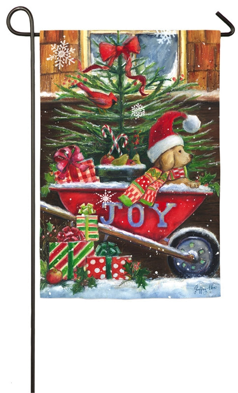 Christmas Wheelbarrow Pup Suede Printed Seasonal Garden Flag; Polyester
