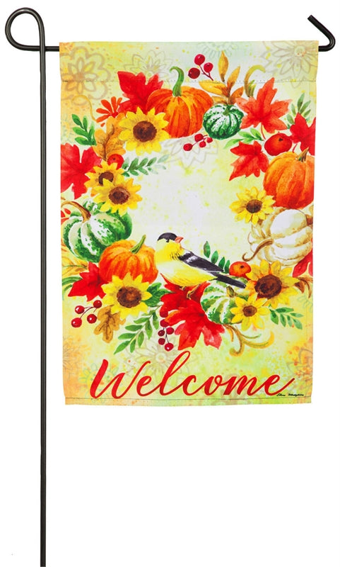 "Welcome Fall Wreath & Chickadees" Printed Suede Seasonal Garden Flag; Polyester