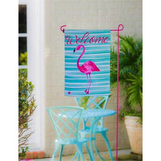 Flamingo Striped Welcome" Printed Suede Garden Flag; Polyester