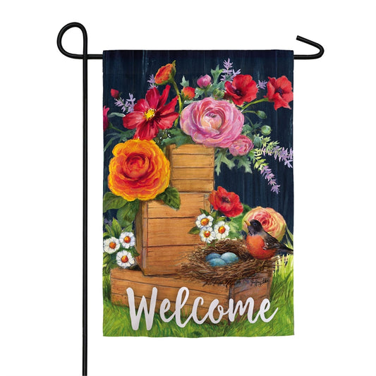 "Vintage Wood Boxes & Robin" Printed Suede Garden Flag; Polyester