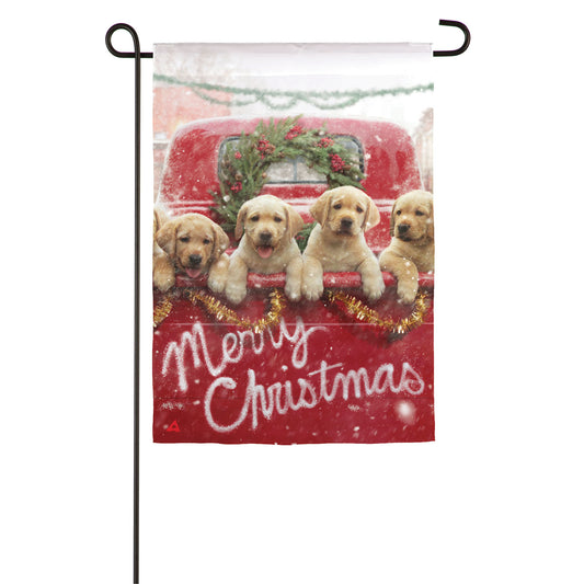 Red Christmas Truck with Puppies Garden Flag