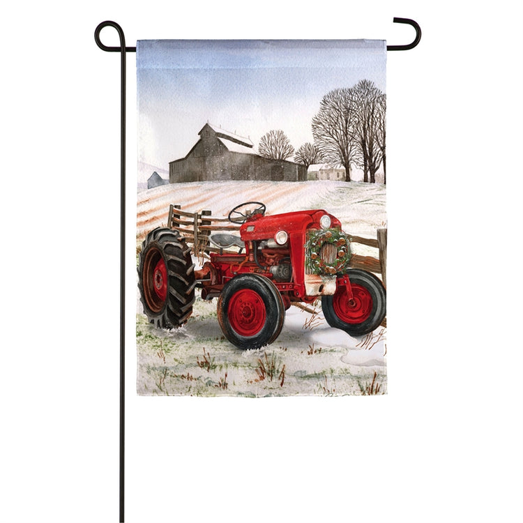 "Winter Red Tractor" Printed Suede Garden Flag; Polyester