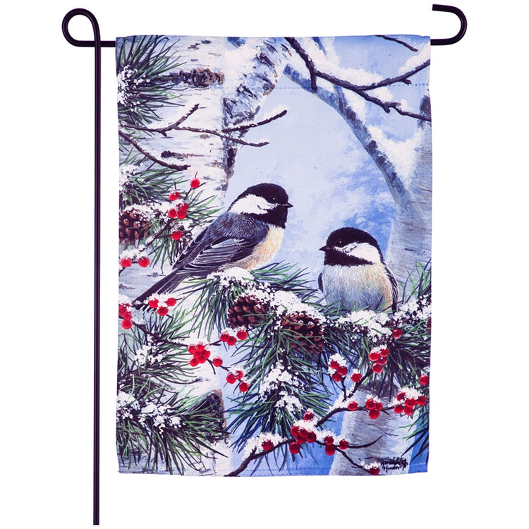 "Winter Chickadee Friends" Printed Suede Garden Flag; Polyester
