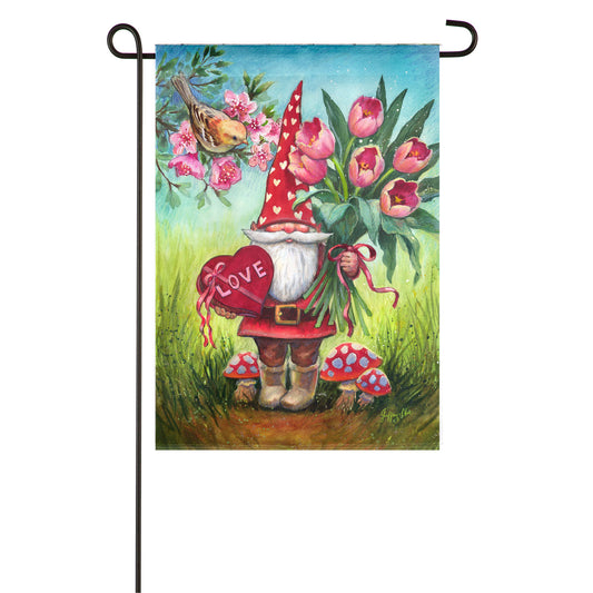 Valentine's Gnome Printed Suede Garden Flag; Polyester 12.5"x18"