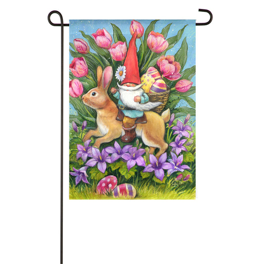 Easter Bunny Gnome Ride Printed Suede Garden Flag; Polyester 12.5"x18"
