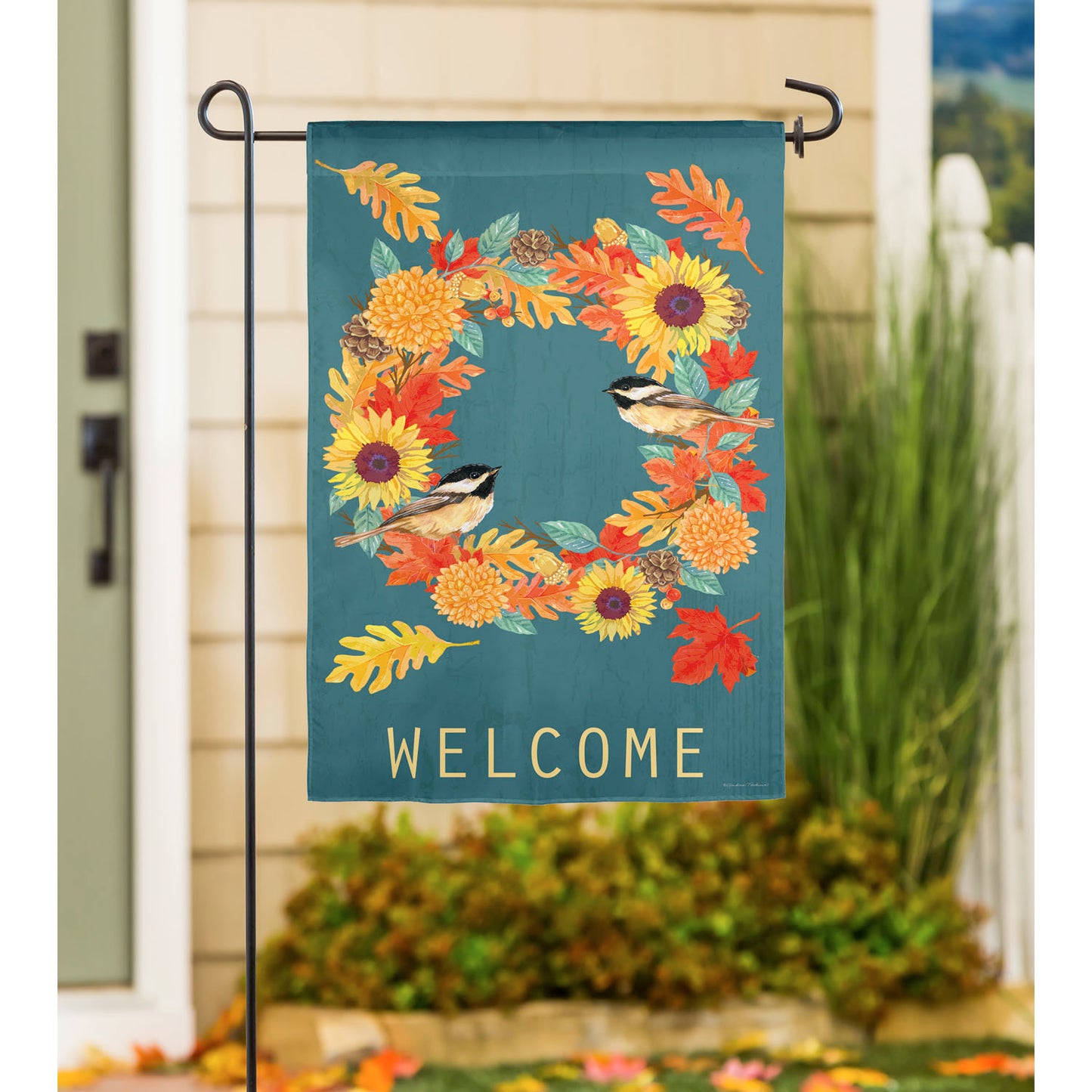 Fall Chickadee Wreath Garden Flag