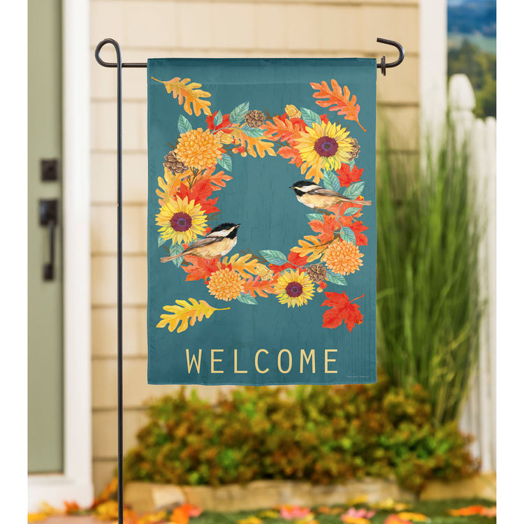 Fall Chickadee Wreath Printed Suede Garden Flag; Polyester 12.5"x18"