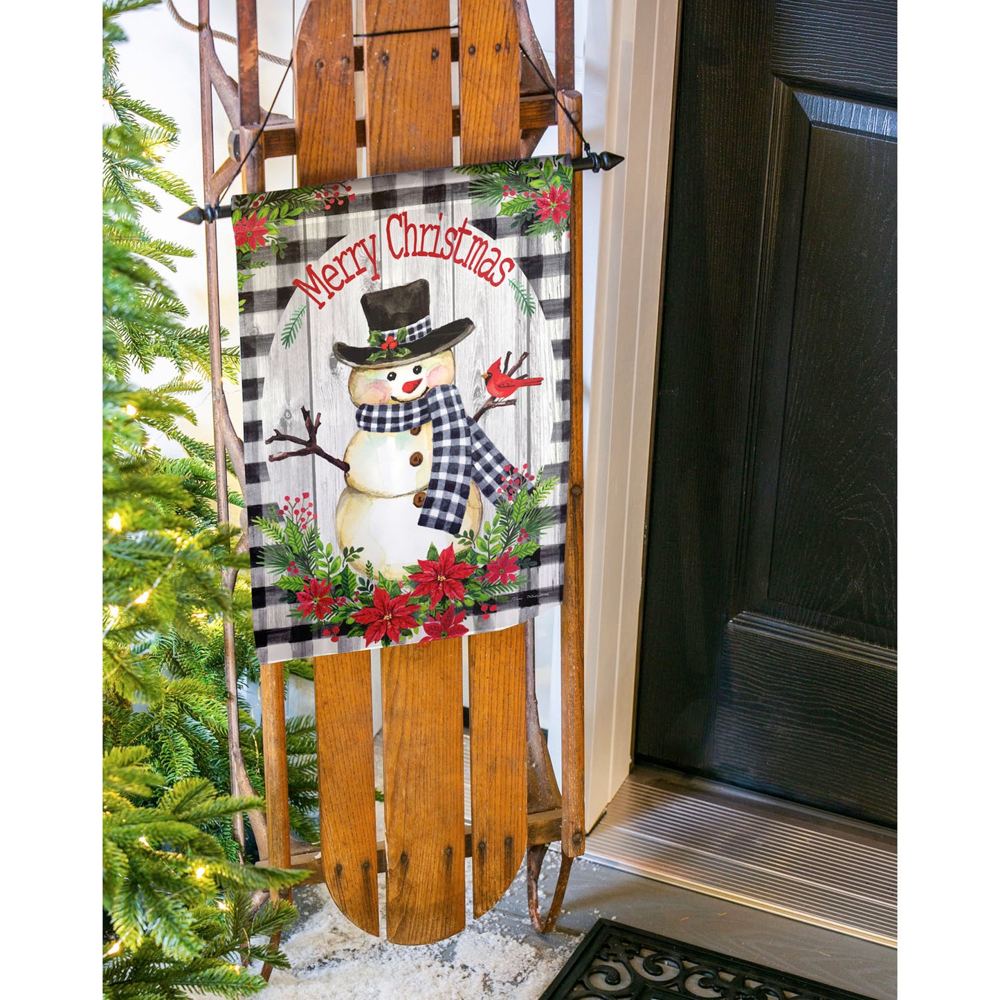 Country Plaid Snowman Printed Textured Striation Garden Flag**