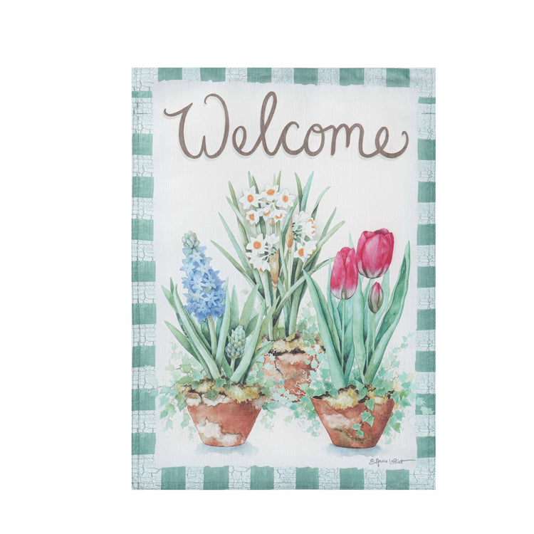 Potted Spring Plants Welcome Garden Flag