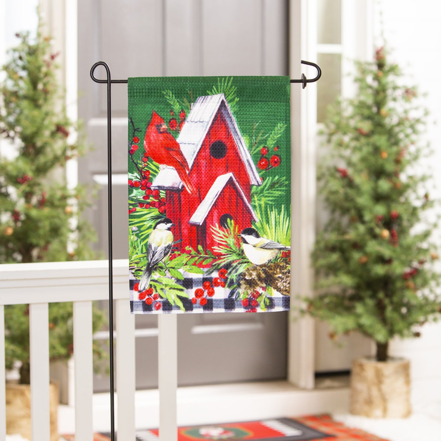 Christmas Cardinal Birdhouse Printed Waffle Suede Garden Flag; Polyester 12.5"x18"