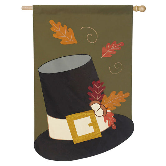 "Harvest Pilgrim Hat" Applique Seasonal House Flag; Polyester