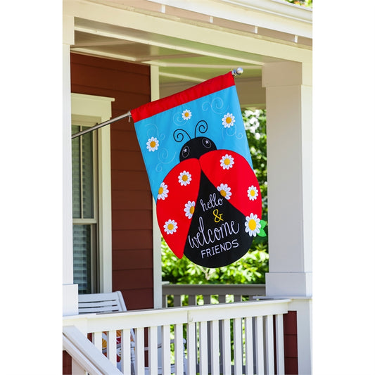 "Hello & Welcome Friends Ladybug" Applique Seasonal House Flag; Polyester
