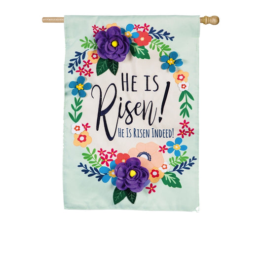 "He Is Risen Floral" Applique Seasonal House Flag; Polyester