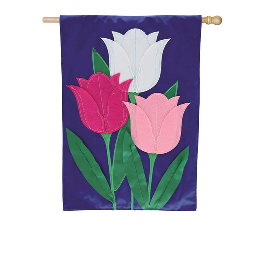 "Tulip Trio" Applique Seasonal House Flag; Polyester