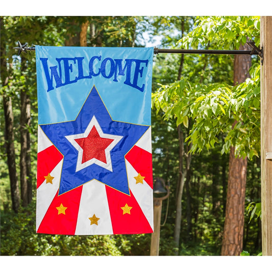 "Patriotic Star Welcome" Applique Seasonal House Flag; Polyester
