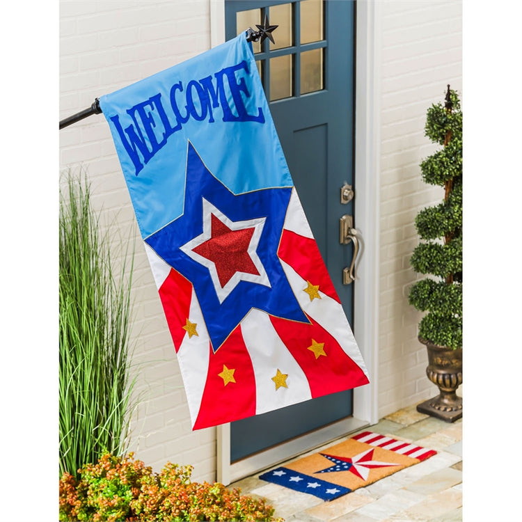 "Patriotic Star Welcome" Applique Seasonal House Flag; Polyester