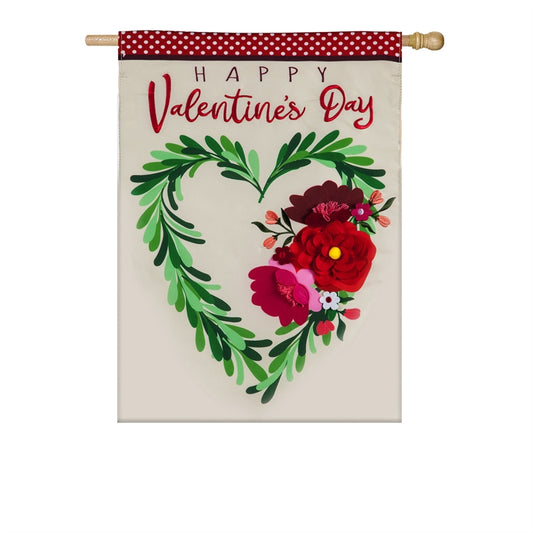 Valentine's Floral Heart Wreath Applique House Flag; Polyester 28"x44"