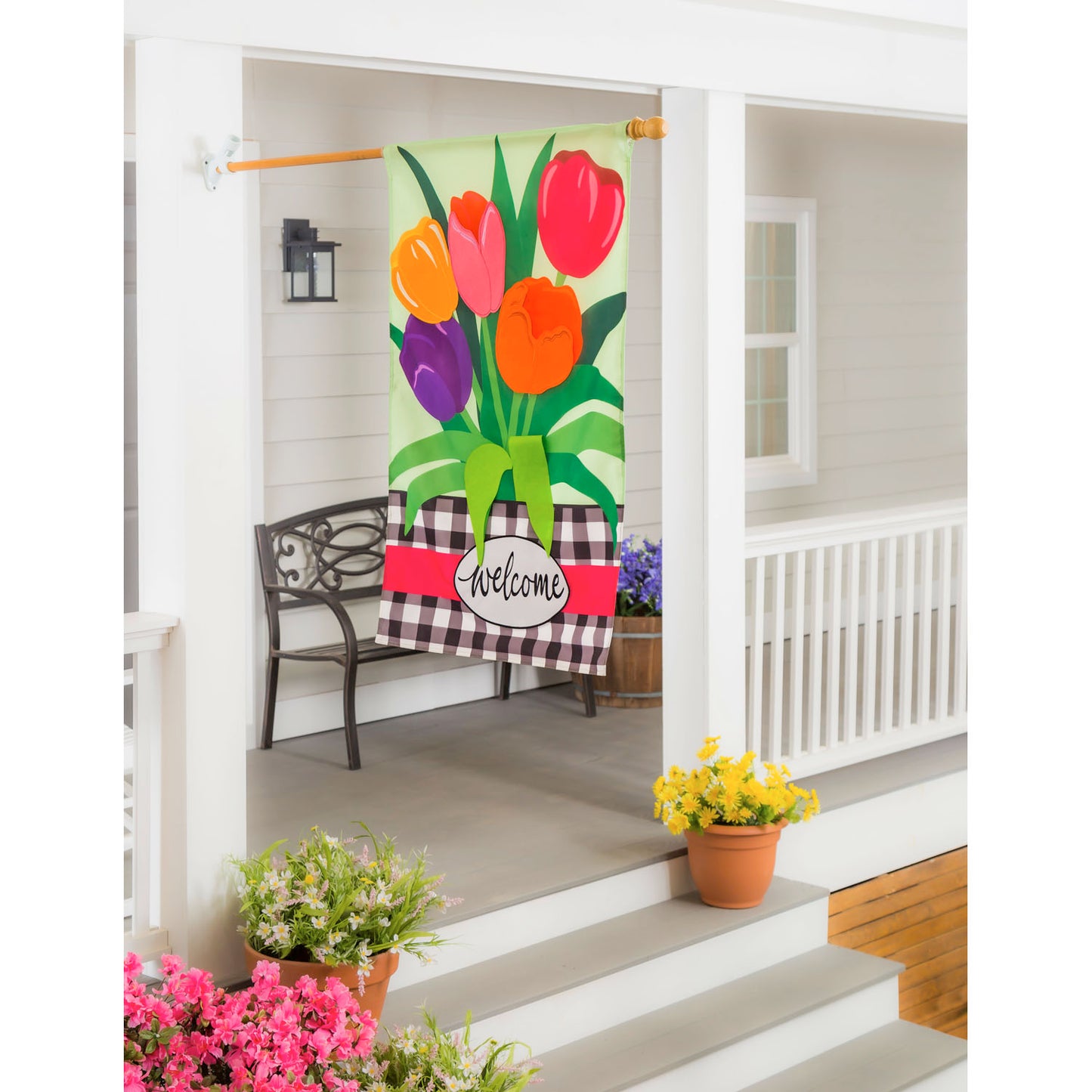 Welcome Spring Tulips Applique House Flag; Polyester 28"x44"