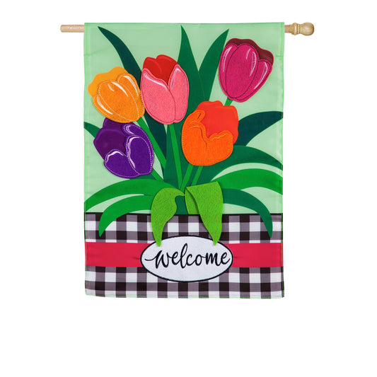 Welcome Spring Tulips Applique House Flag; Polyester 28"x44"