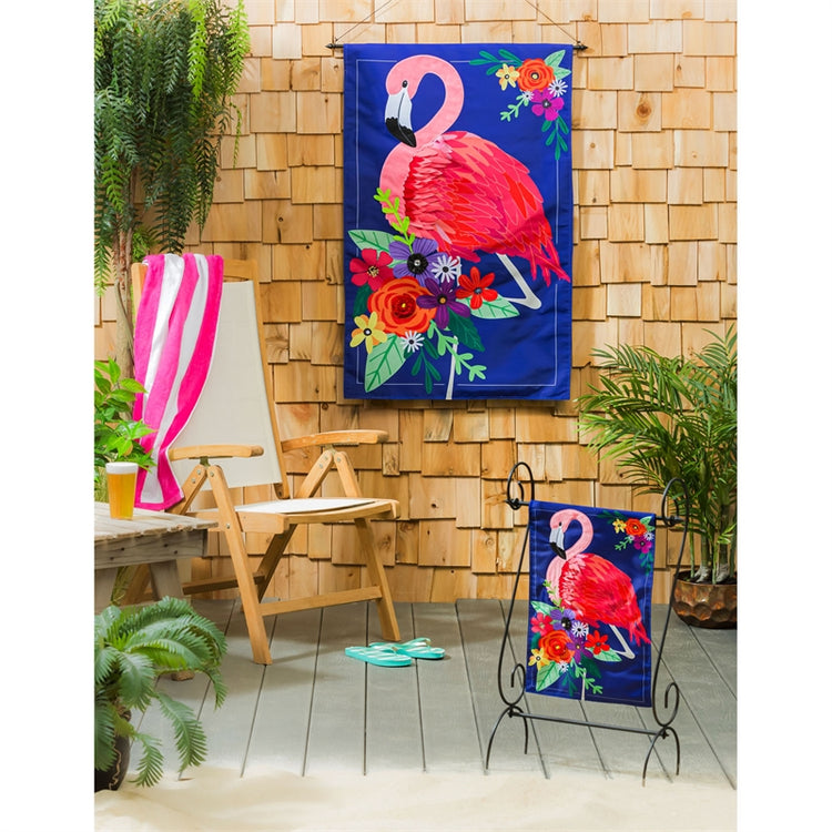 Floral Flamingo Applique House Flag; Polyester 28"x44"