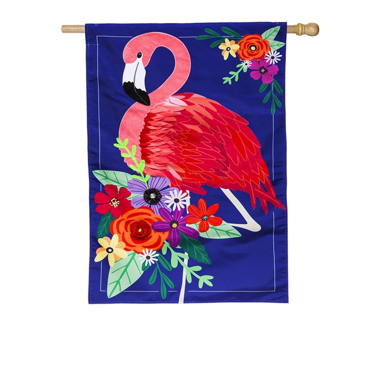Floral Flamingo Applique House Flag; Polyester 28"x44"